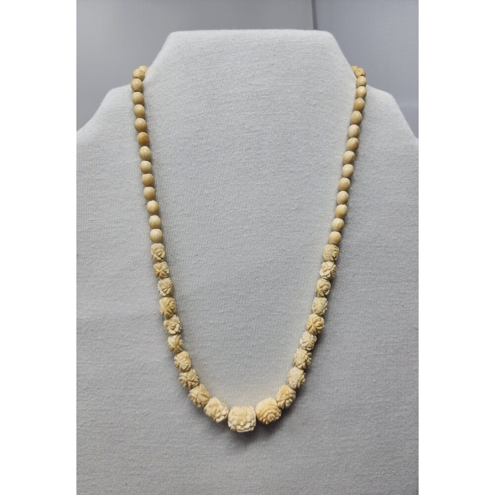 Vintage Hand Carved Bone Rose Necklace – Graduated Floral Beads  1930s–1950s 16"